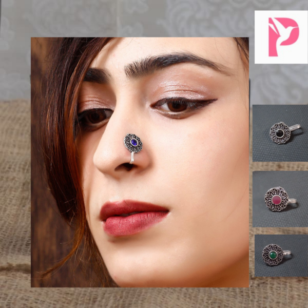 Nose pin (Clip-on) in round shape with sparkling colorful Stone